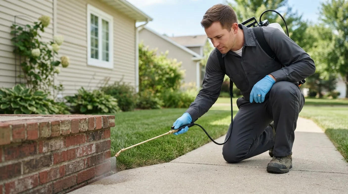 Pest control technician treating a home near Yorklyn, DE